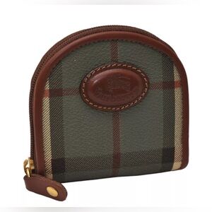 Burberrys Vintage Check Coin Purse Case PVC Leather Green -EUC
